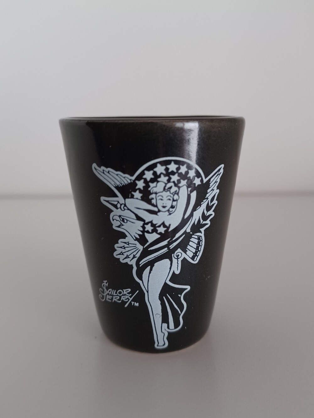 Sailor Jerry Spiced Rum Alcohol Pin Up Girl Eagle Black Shot Glass Barware